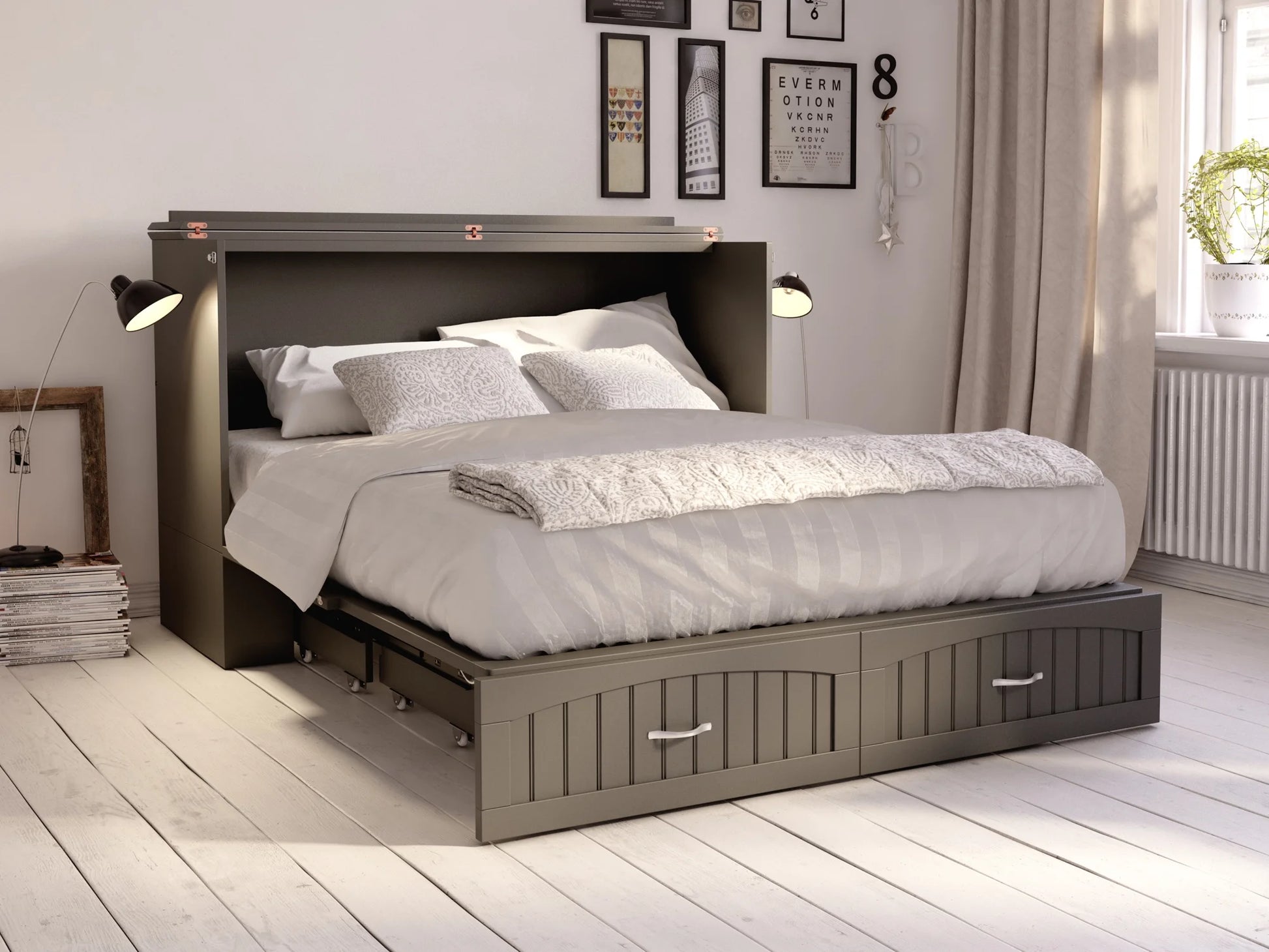Southampton Murphy Bed Chest Queen Grey with Charging Station